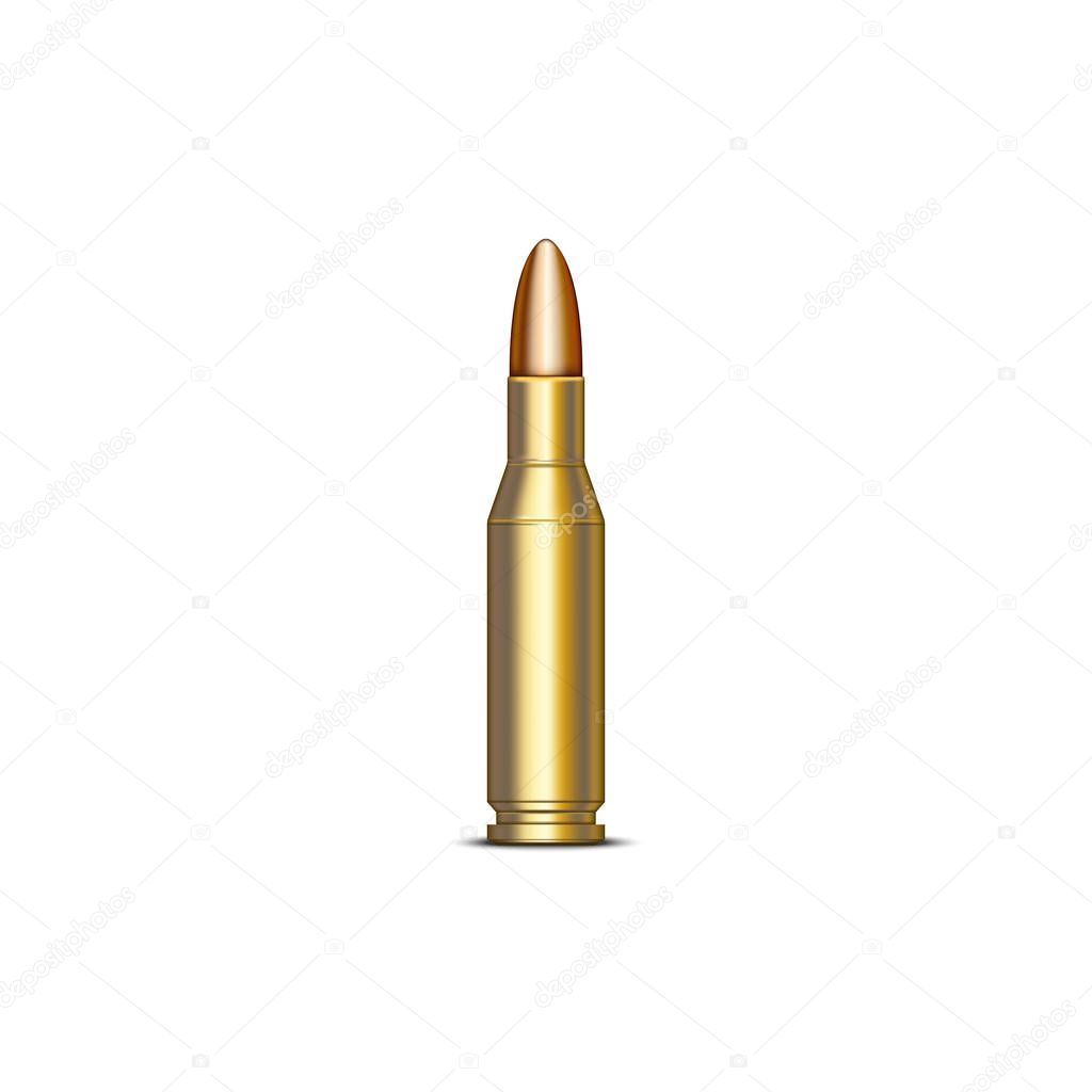 Realistic rifle cartridge 7.62 mm 3d vector military isolated object on the white background, weapons ammunition