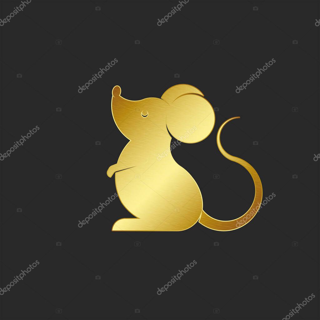 Silhouette cartoon golden rat logo or mouse emblem on a black background, t-shirt print symbol for Chinese New Year 2020