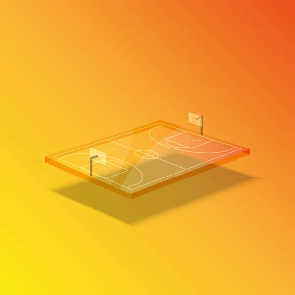 Concepto de cancha de baloncesto, forma isométrica de levitación transparente con sombra, diseño de material plástico degradado amarillo — Vector de stock