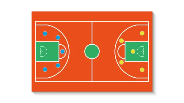 Terrain de basket-ball avec un schéma tactique de l'arrangement des joueurs de deux équipes de basket sur le terrain de jeu, plan d'un diagramme de jeu pour un conseil d'entraîneur de ligue fantastique — Image vectorielle