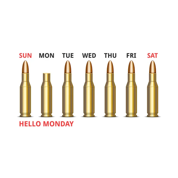 Hello hétfő szlogen humoros szöveges nap a hét, realisztikus puska patron 3D-s vektor, ruházat katonai nyomtatott póló embléma — Stock Vector