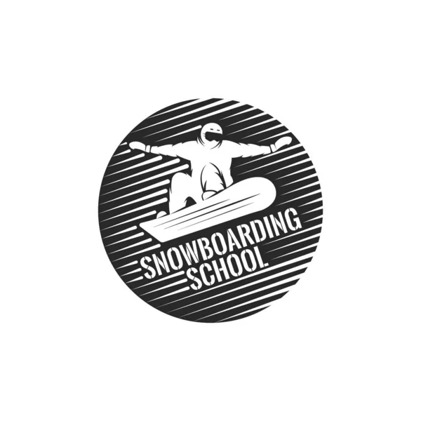 Logo redondo del snowboard, silueta de un snowboarder que desciende de una pendiente de montaña ilustración de deportes de invierno, emblema de impresión de moda para prendas de vestir . — Vector de stock