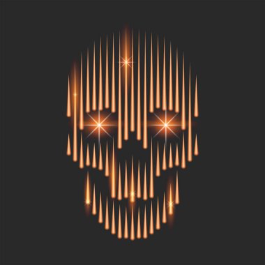 Gözlerinde kıvılcımlar olan neon yanan insan kafatası, ateş ışınlı korkutucu bir kafatası silueti, giysilerinde parlayan modern bir iz.