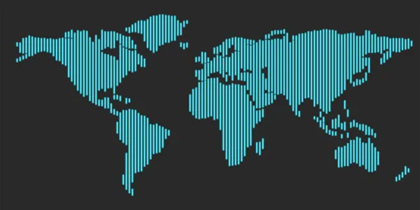 Mapa del mundo brillante global abstracto con continentes de silueta del planeta diseño a rayas de delgadas líneas de neón azul sobre el fondo negro — Vector de stock