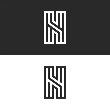 Monogram harfi n logosu, Kart amblemi için kaligrafik temiz tasarım unsuru, düz siyah ve beyaz çizgilerle sıkı süsleme.