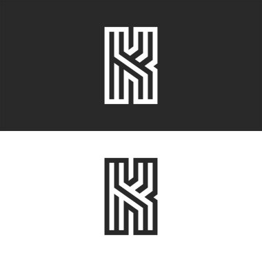 K harfi logosu eski monogram, siyah ve beyaz doğrusal desen sembolleri, labirent biçimi tasarım ögesi