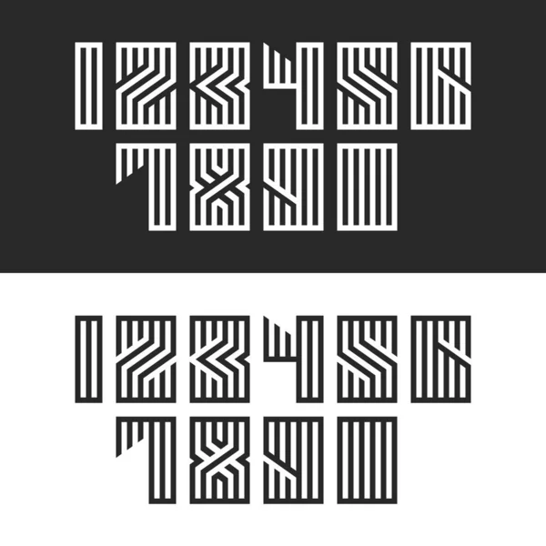 Conjunto de números para la tipografía moderna del monograma de la tendencia, símbolos matemáticos de la caligrafía lineal, forma geométrica de los números de las líneas negras y blancas paralelas . — Vector de stock