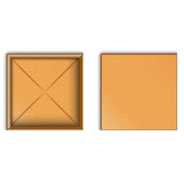 Çizgili karton ürün gerçekçi vektör illüstrasyonunun beyaz, kahverengi 3D boş paketlemesi üzerine izole karton kapaklı boş karton kutu maketi üst görünümü. — Stok Vektör