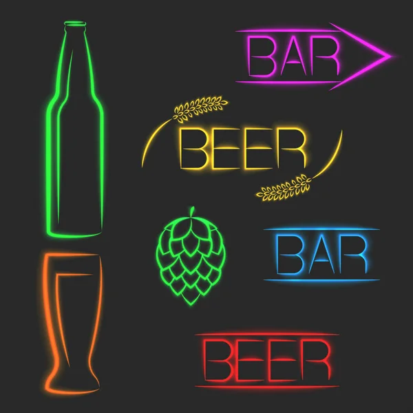 Cerveza multicolor signos de neón vibrante, publicidad luminosa conjunto pancartas barra de palabras, botella de cerveza, vidrio, espiga de trigo, cono de lúpulo . — Archivo Imágenes Vectoriales