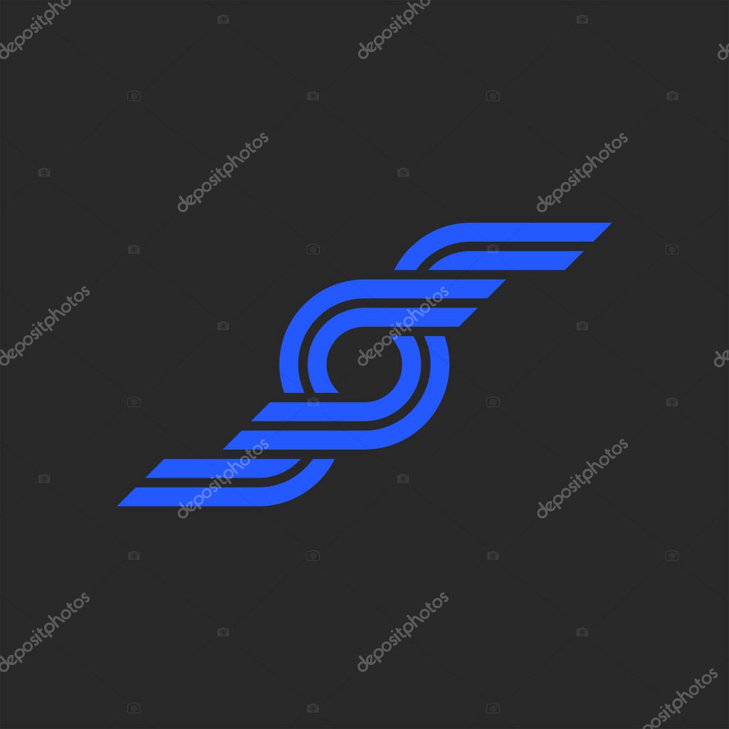 Winged two letters S with logo creative monogram, initials SS for business card emblem, symbol with wings from parallel blue lines.