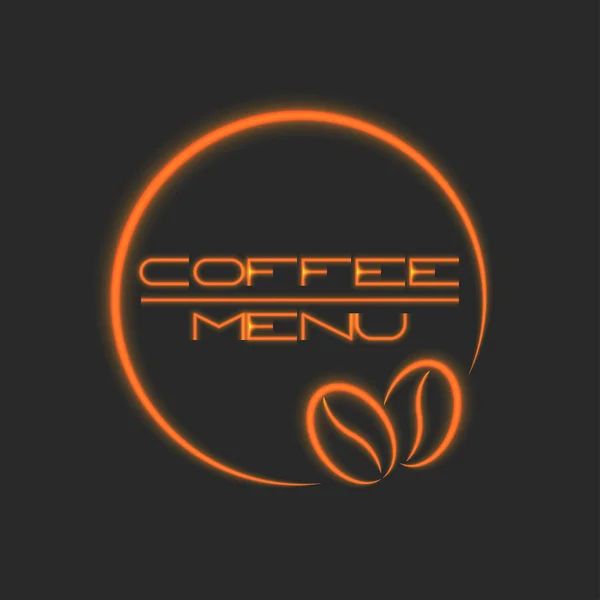 Coffee menu text and contour beans in a glowing round frame neon sign for coffee shop logo circle — Stock Vector