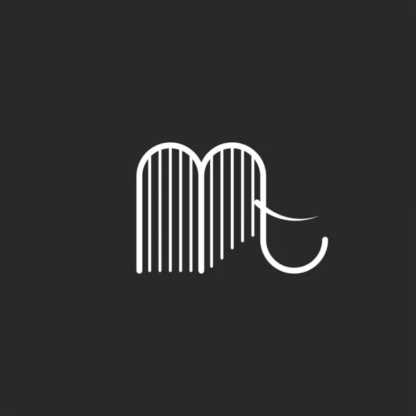 Logo słonia lub abstrakcyjny mamut z kłami w minimalistycznym stylu liniowym. Czarno-białe cienkie linie element projektu. — Wektor stockowy