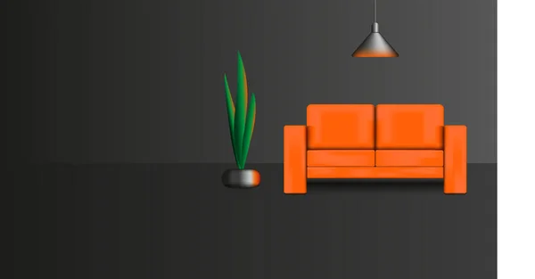 Inredning Mörk Lounge Med Möbler Realistisk Vektor Illustration Orange Soffa — Stock vektor