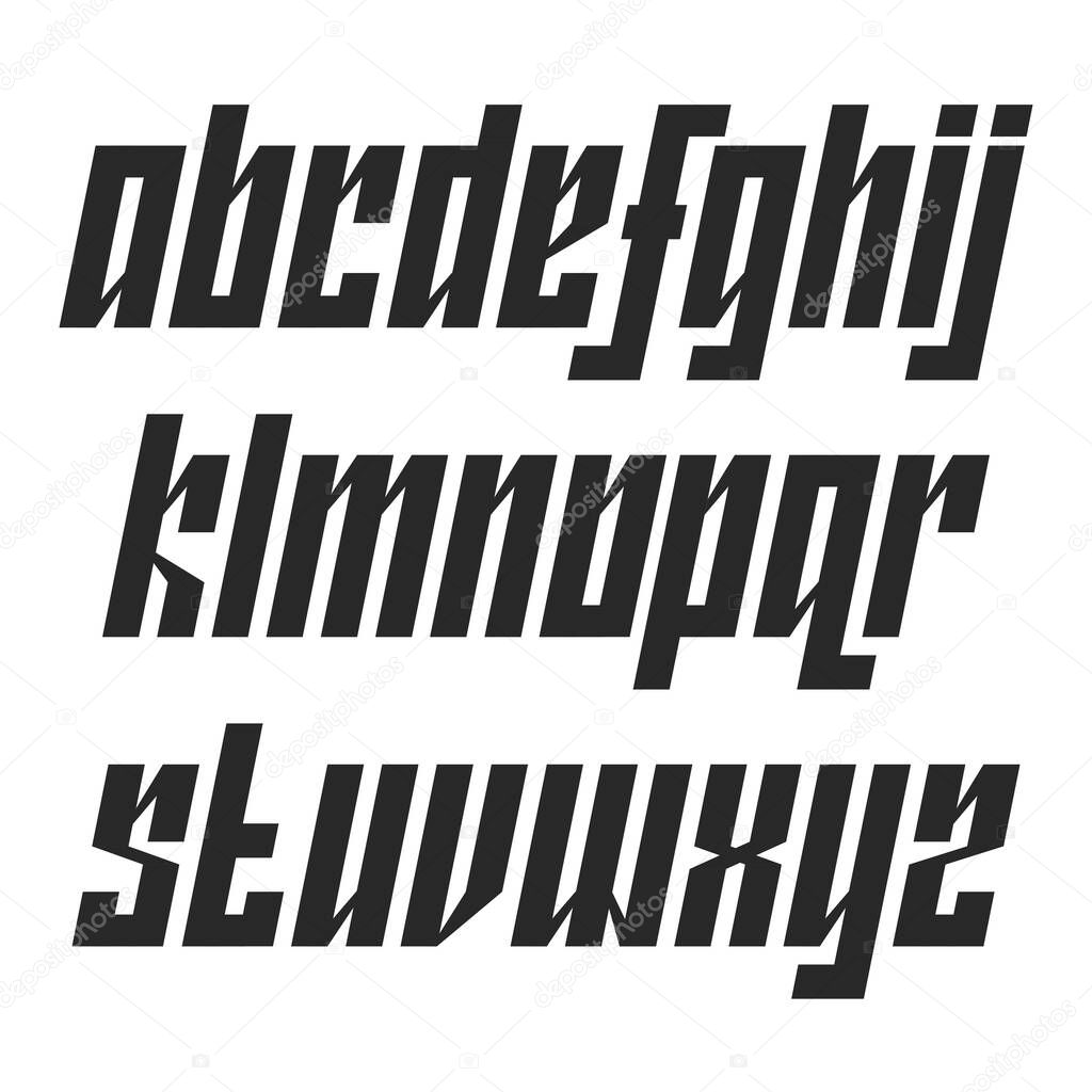 Modern lowercase italic font with movement typography design element, narrow dynamic alphabet with a tilt angle, black bold set letters type.