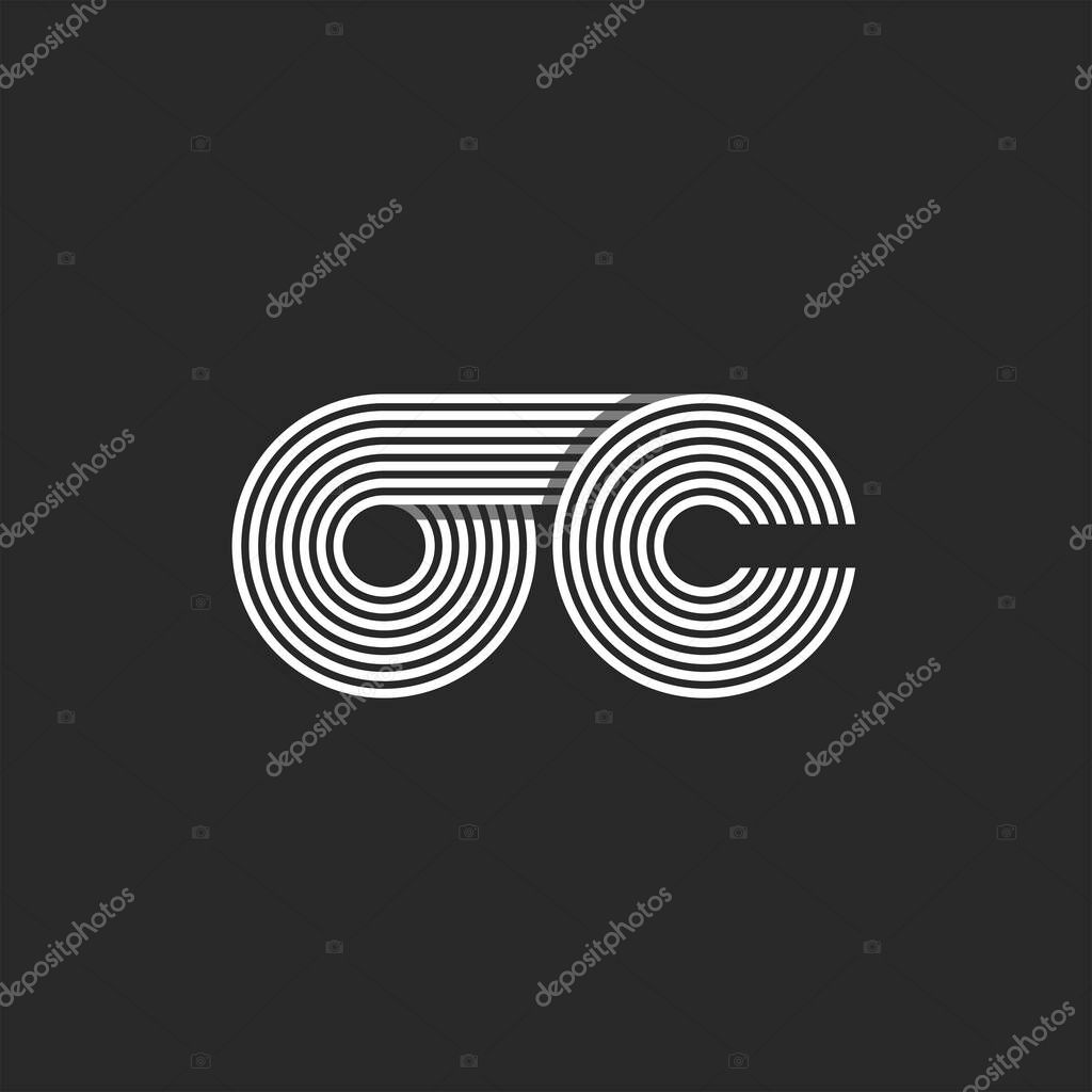 Monogram initials OC or CO letters logo, parallel black and white thin lines, overlapping two letters C and O together, chain shape business card emblem