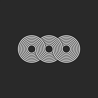 Sonsuz logo minimalist stil sonsuz daireler geometrik şekil zincir döngüleri, monogram üç harf O sonsuz sembol siyah ve beyaz çizgiler