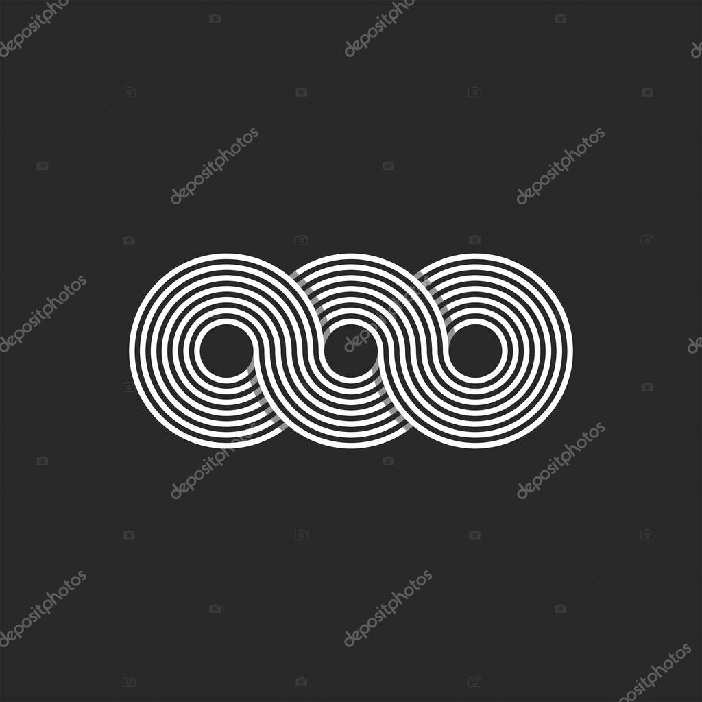 Infinity logo minimalist style infinite circles geometric shape from chain loops, monogram OOO three letters O endless symbol black and white thin lines