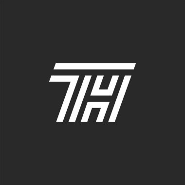 Bağlantı iki harf TH baş harfleri logo monogram, bağlı T ve H yaratıcı doğrusal amblem, paralel siyah ve beyaz çizgiler minimalist tipografi tasarım ögesi