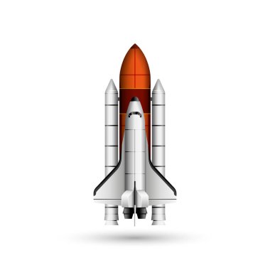 Space shuttle and rocket realistic vector 3d model mockup isolated on white, space mission spaceship getting ready to launch clipart