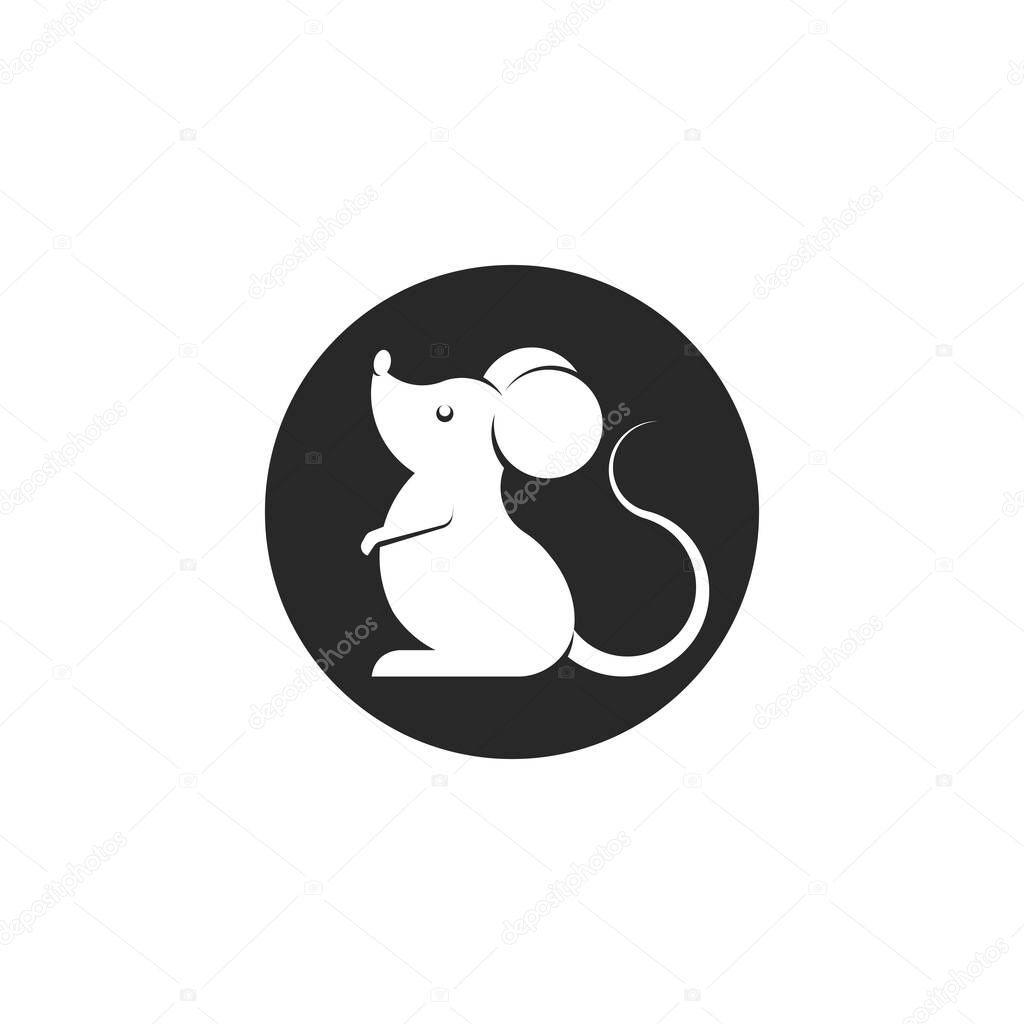 Cartoon white mouse logo or rat icon round shape, animal silhouette isolated on black background
