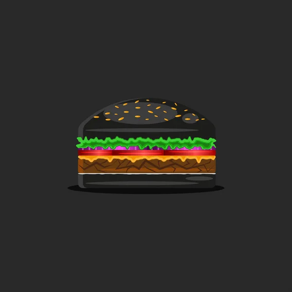 Illustrazione Vettoriale Hamburger Nero Hamburger Con Ingredienti Classici Isolati Sullo — Vettoriale Stock