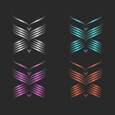 Kelebekler logo seti, ince eğimli çizgilerden moda doğrusal sanat tasarımı, butik kadın amblemi.