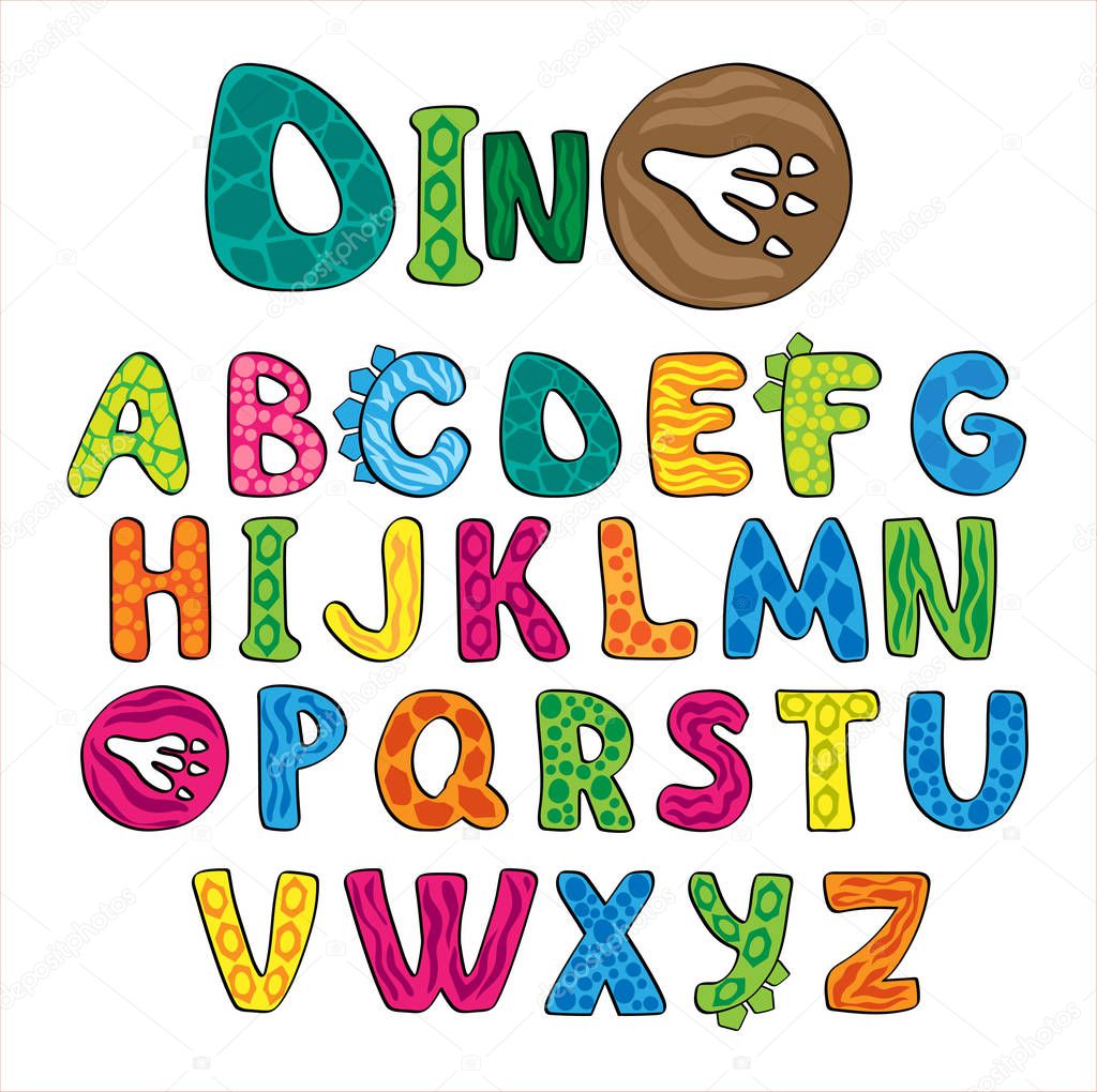 Dino alphabet colored. Bright letters in the style of dinosaurs. Kids Font