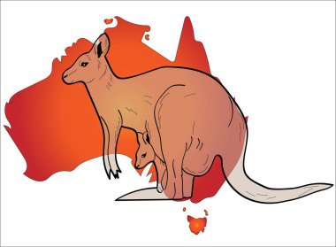 Kırmızı Avustralya haritasının arka planında çantasında bir bebek olan kanguru. Gezegeni kurtar. Avustralya 'da yangın