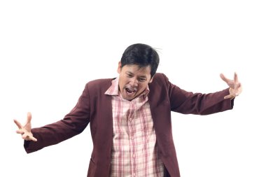 Adam beyaz arka plan üzerinde bir şey boyutu hakkında palavra