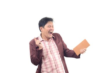 işadamı holding tablet ve l gülüyor iken giyen takım elbise