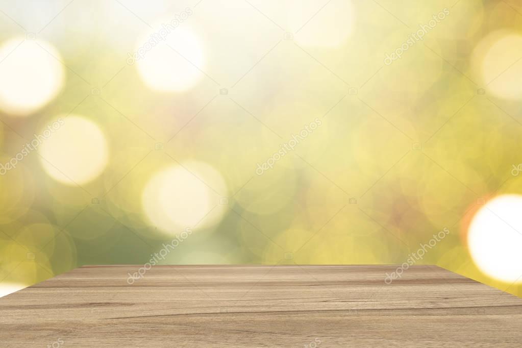 Empty perspective room with golden sparkling bokeh.Template mock up for display of your product.