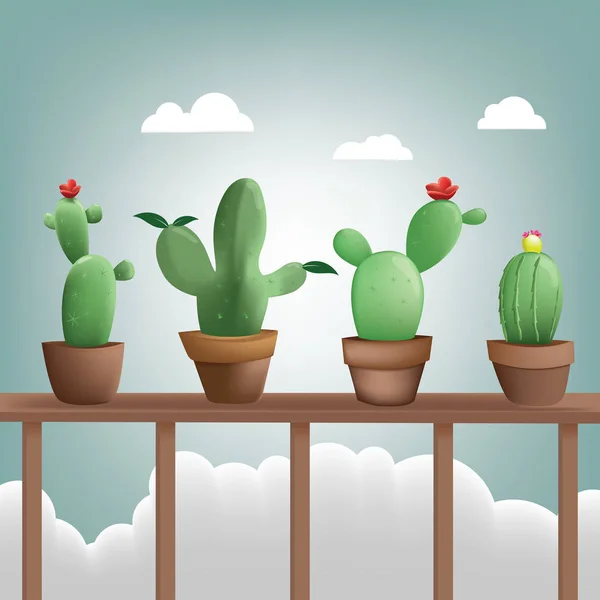 Colección cactus lugar en terraza de madera como fondo, Ilustración diseño plano — Archivo Imágenes Vectoriales