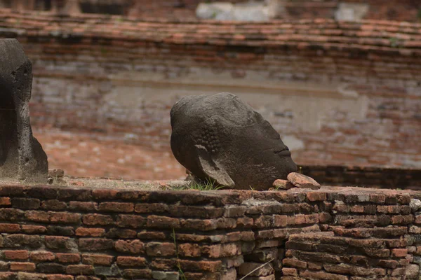 Historic of sandstone haed's buddha of Wat Phra Mahathat in Ayutthaya historic park, Thailand — Stock Photo, Image