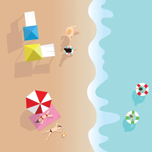 Plage d'été au design plat, vue aérienne, bord de mer et parasols — Image vectorielle