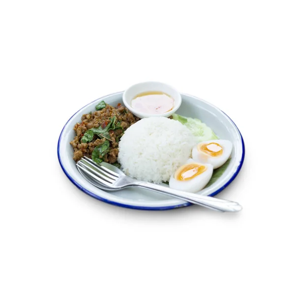 Fried Pork Basil Leaf Rice Medium Boiled Egg Isolate White — Stock Photo, Image