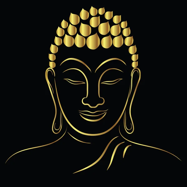 Testa Buddha Dorata Con Elemento Bordo Dorato Isolato Sfondo Nero — Vettoriale Stock