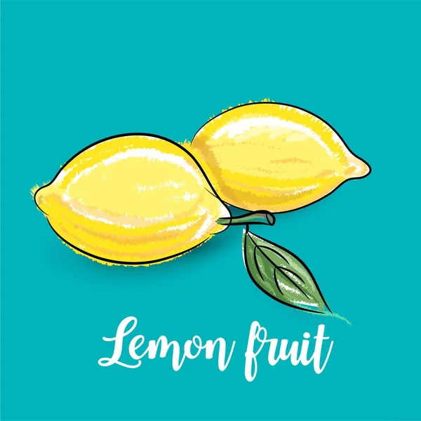 Citronové Ovoce Listem Barva Vody Malovat Rukama Nakreslené Přes Zelenou — Stockový vektor