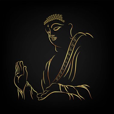 Altın sınır elementi olan altın budha başı siyah arkaplanda izole edildi (Vektör düz konsept)