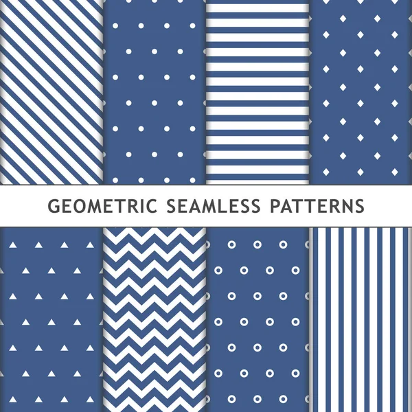 8 geometrik, dikişsiz desen seti. Mavi ve beyaz. Noktalar, küpler, üçgenler ve çizgiler. Tekstil baskısı, ambalaj kağıtları vs. için kullanılabilir. Vektör illüstrasyonu.