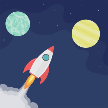 Uzay gemisi ve galaksideki gezegenler. Roket fırlatıldı. Düz dizayn. Vektör illüstrasyonu.