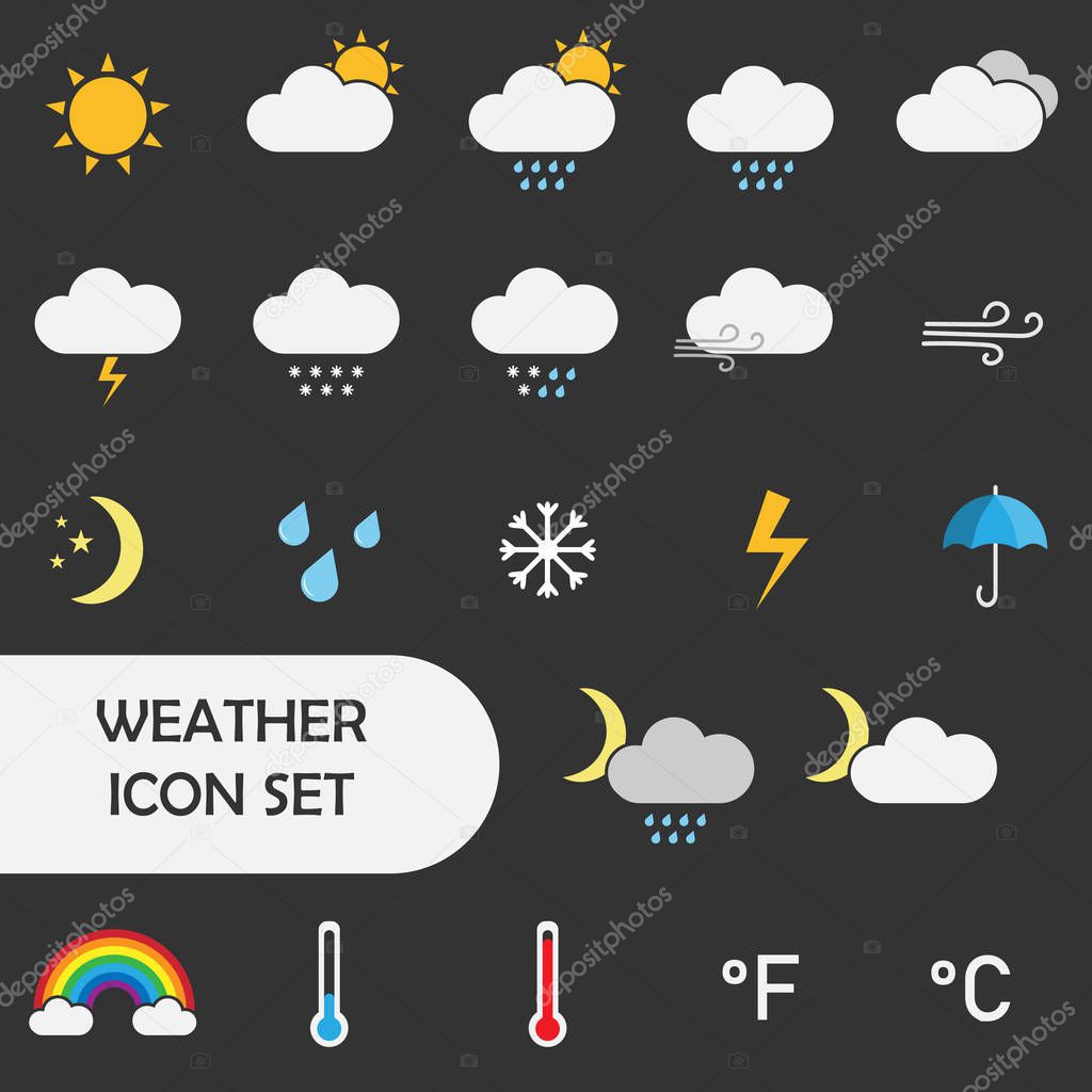 Flat weather forecast icon set. Vector illustration. 