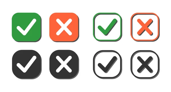 Conjunto Botones Web Marcas Verdes Cruces Rojas Confirmar Cancelar Iconos — Vector de stock