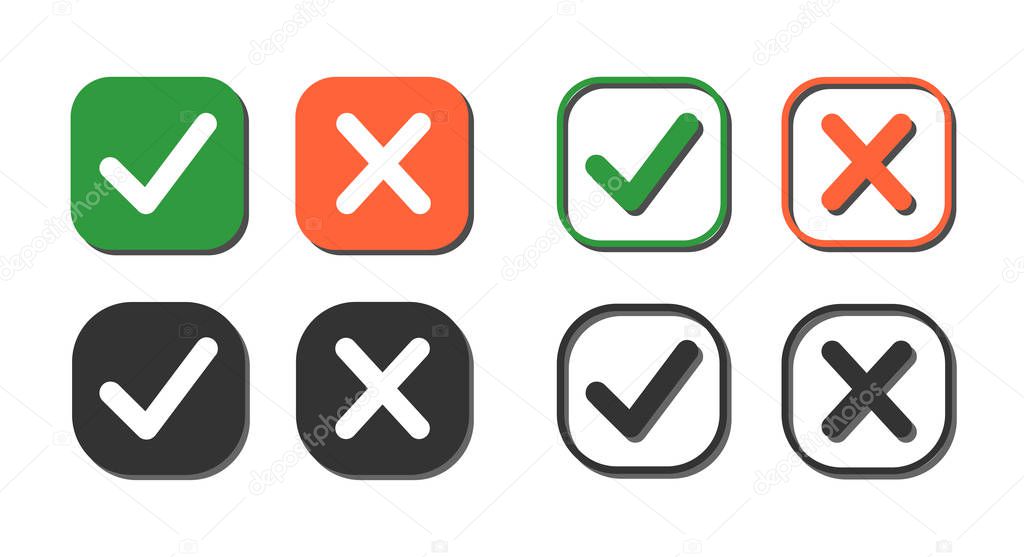Set of web buttons. Green check marks and red crosses. Confirm and cancel icons. Black. Vector illustration.