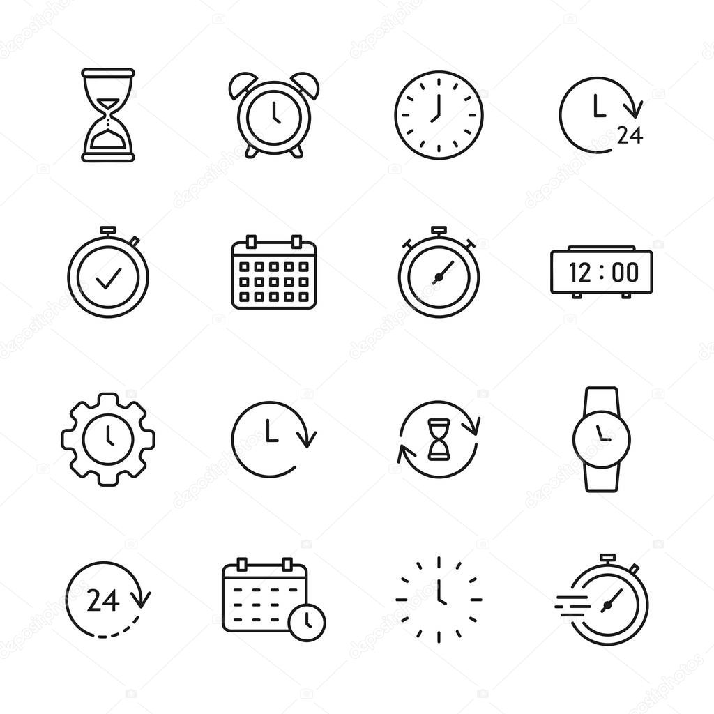 Time and date line icon set with editable stroke. Outline collection. Isolated on white background. Vector illustration.