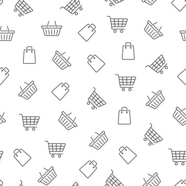 Kusursuz alışveriş şekli. Çizgi çalışması. Beyaz arka planda alışveriş arabası, çanta ve sepet. E-ticaret / çevrimiçi dükkan geçmişi. Vektör illüstrasyonu.