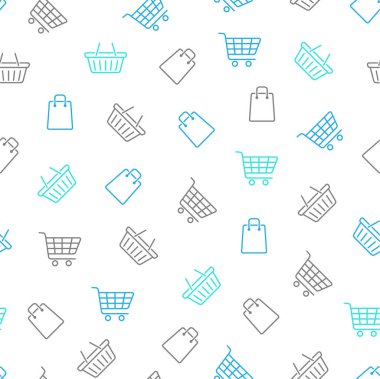 Kusursuz alışveriş şekli. Çizgi çalışması. Beyaz arka planda alışveriş arabası, çanta ve sepet. E-ticaret / çevrimiçi dükkan geçmişi. Vektör illüstrasyonu.