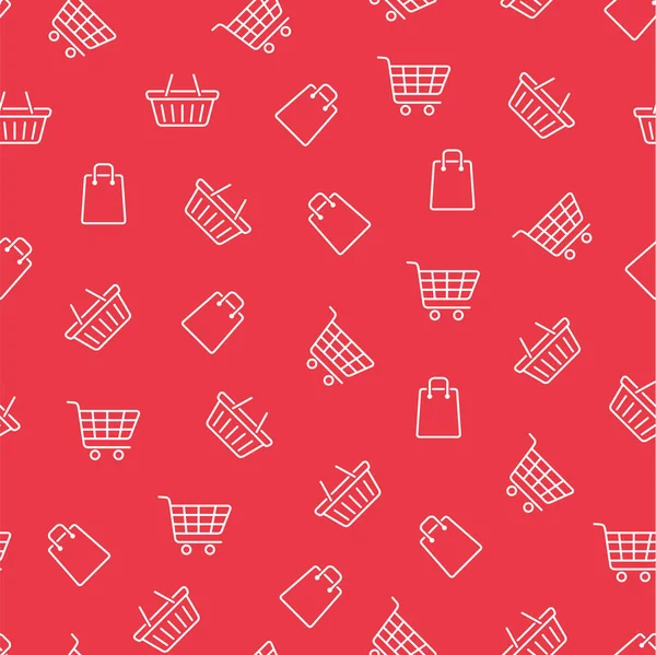 Kusursuz alışveriş şekli. Çizgi çalışması. Beyaz arka planda alışveriş arabası, çanta ve sepet. E-ticaret / çevrimiçi dükkan geçmişi. Vektör illüstrasyonu.
