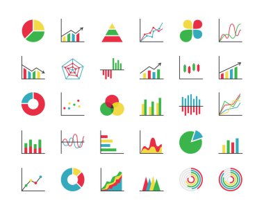 İş istatistikleri renkli simge seti. 30 soyut grafik / grafik / diyagram koleksiyonu. Bilgi grafikleri, veri analizleri, istatistik araçları. Vektör illüstrasyonu. 
