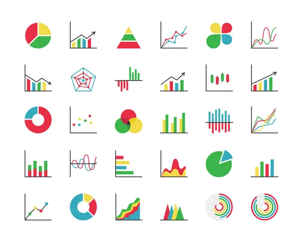 İş istatistikleri renkli simge seti. 30 soyut grafik / grafik / diyagram koleksiyonu. Bilgi grafikleri, veri analizleri, istatistik araçları. Vektör illüstrasyonu. 