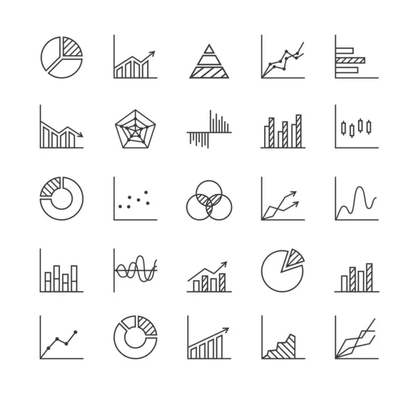 İstatistikler - çizgi simgesi seti. 25 grafik / grafik / diyagram koleksiyonu. Bilgi grafikleri, veri analizleri, istatistik araçları. Beyaz arka planda izole edilmiş. Vektör illüstrasyonu.